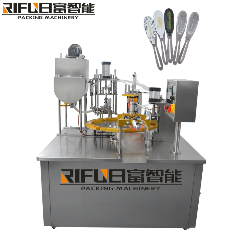 Automatic multifunctional turntable type pre-cut film chili oil filling plastic cup sealing machine