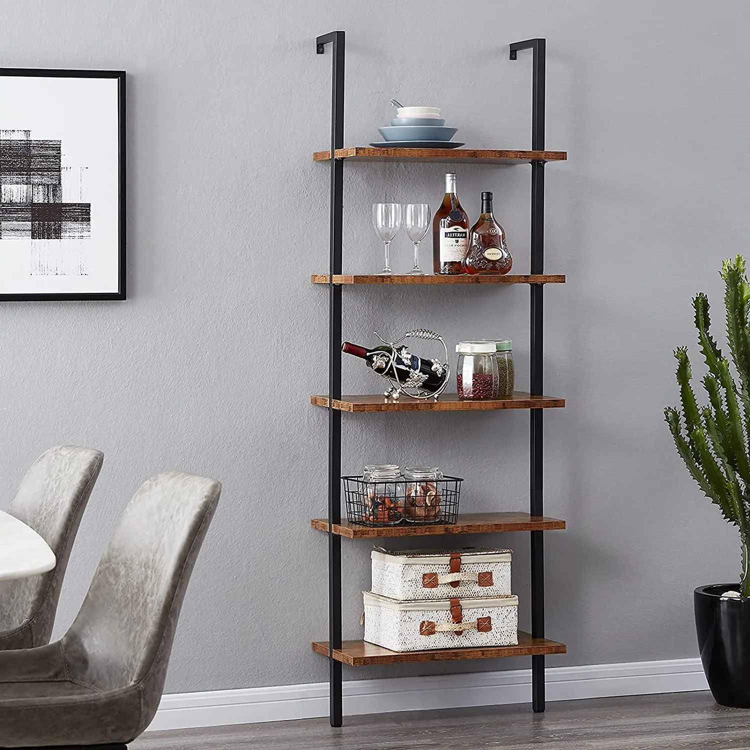 Industrial Ladder Shelf, 5-Tier Wood Wall-Mounted Bookcase with Stable Metal Frame, 72 Inches Storage Rack Shelves Display Plant