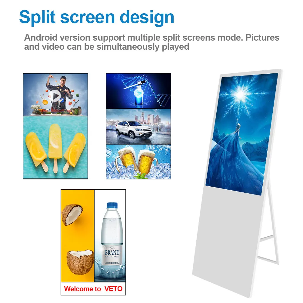 Movable digital poster 43 55 inch indoor lcd advertising players display floor stand portable digital signage