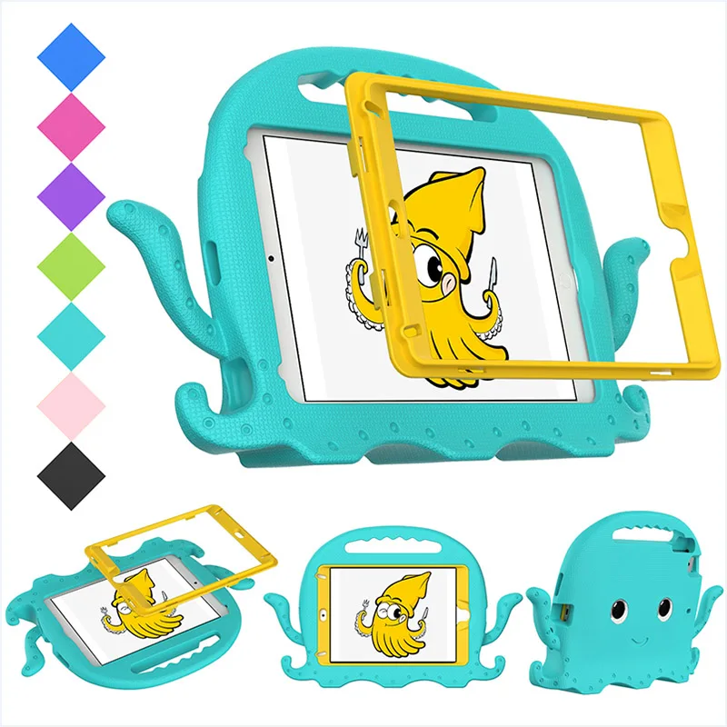 Tablet cover kids Octopus cartoon with pencil slot handle shoulder strap shockproof soft foam EVA case for iPad mini 5/mini 4