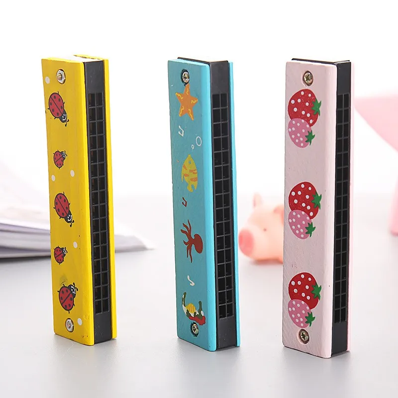 Wholesale 16 holes music educational harmonica toy kids wood instrument toy cartoon wooden harmonica