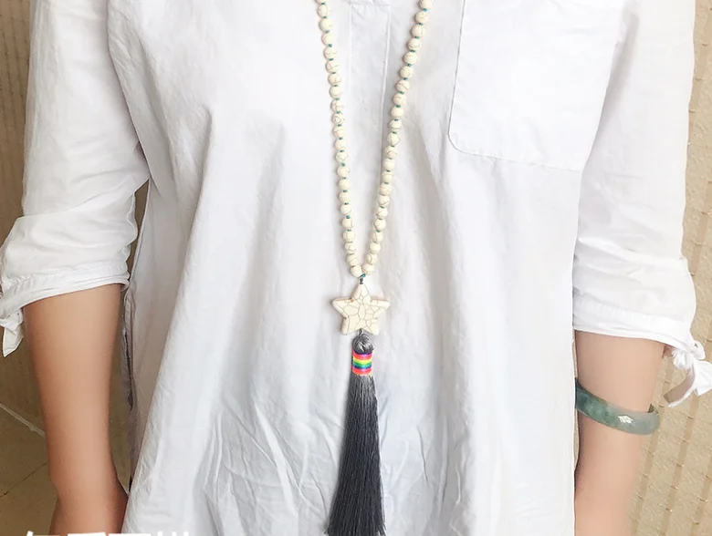 Новое длинное ожерелье ручной работы с деревянными молитвенными бусинами шелковая кисточка бахромой бирюзовые бусины сердце звезда знак мира