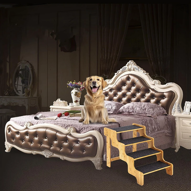 New Bamboo 4 Step Dog Stairs for Bed Non-Slip Dog Stairs for Small Dog Pet Steps Stairs