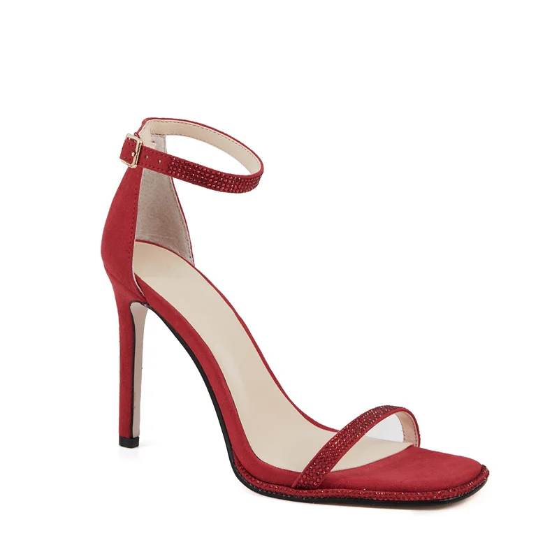 Heeled Sandals Women Rhinestone Silk Satin Shoes Sling-Back Square Toe High Heel Summer Sandals Women