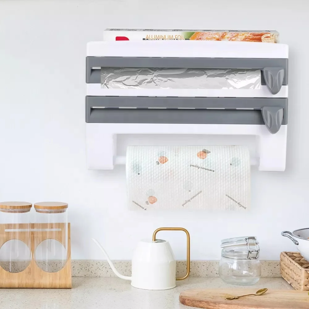 Paper Towel Holder Sauce Bottle Rack Kitchen Organizer 4 in 1 Cling Film Cutting Holder Kitchen Accessories