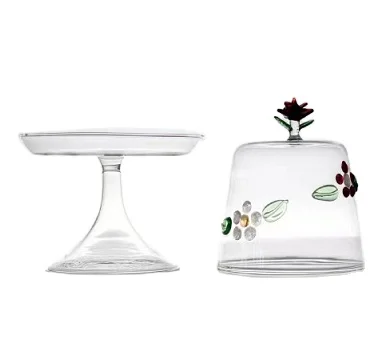 Custom Made Clear Hand Blown Heat-resistant Borosilicate Glass Dessert High-foot Stand with Colored Rose Top