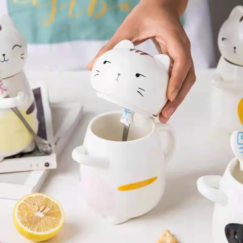 cartoon cute 3D cat shape ceramic mug with lid spoon for coffee/tea/milk/juice/gift  creative cup