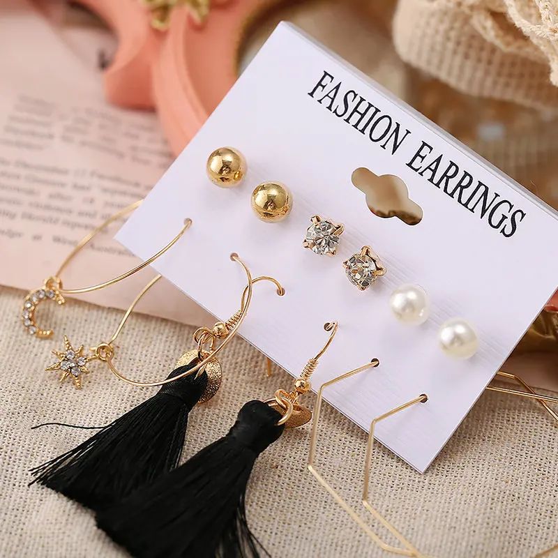 HZS5010151 European and American creative hollow-out leaves artificial Pearl tassel Earring Set 6 pairs