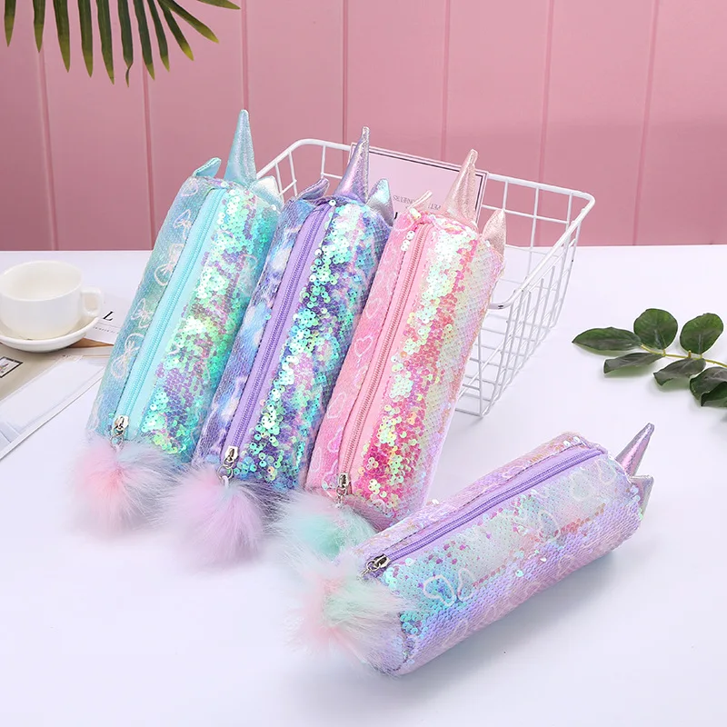 Student candy color sequin cartoon pencil case stationery storage bag laser plush pencil case wholesale