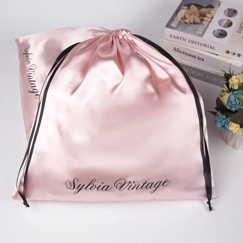 Wholesale Custom Printed Logo Recyclable Biodegrada Small Silk Satin Jewelry Pink Pouch Drawstring Satin Bag
