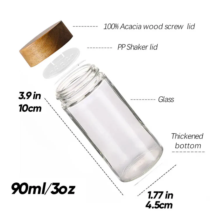 Уникальный 3oz 90 мл 100 солнцезащитные очки с печатью логотипа на заказ дизайн перец соль сахар специи маленький круглый стеклянный шейкер бутылка деревянной крышкой
