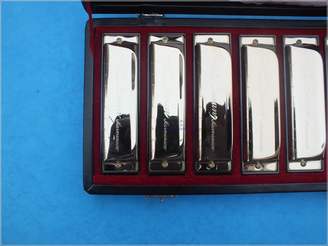 10 hole A/B/C/D/E/F/G silver harmonica musical instruments silver harmonica with different keys 10 holes 7 key set harmonica set