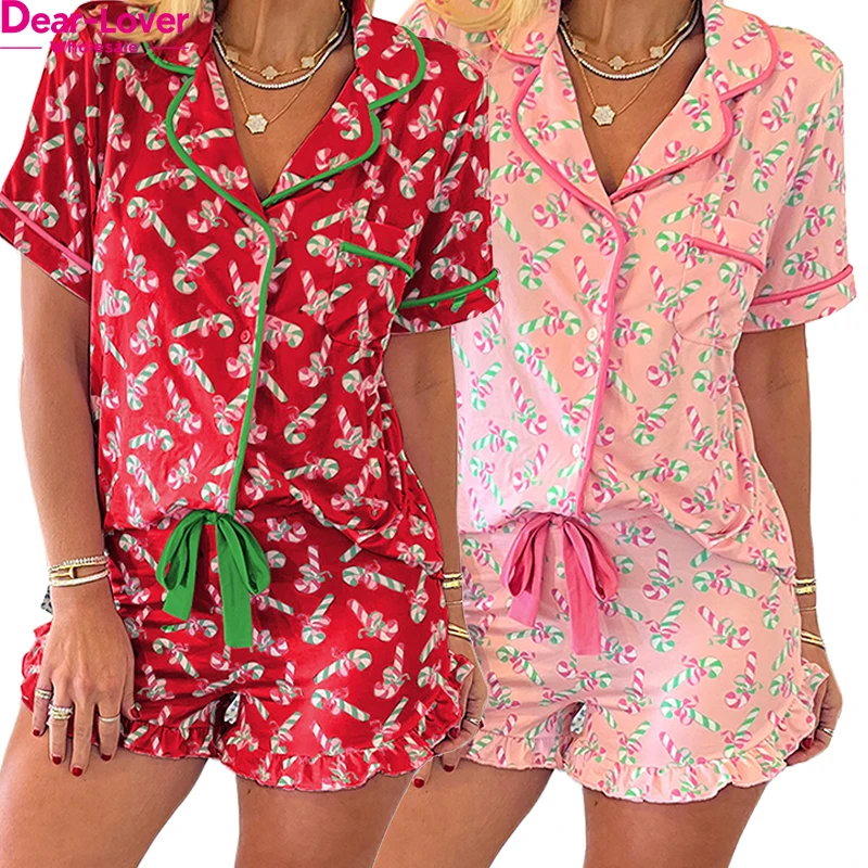 Dear-Lover Wholesale Fast Shipping Custom Merry Christmas Pajamas Candy Cane Print Pocketed Knotted Shirt And Shorts Pajama Set
