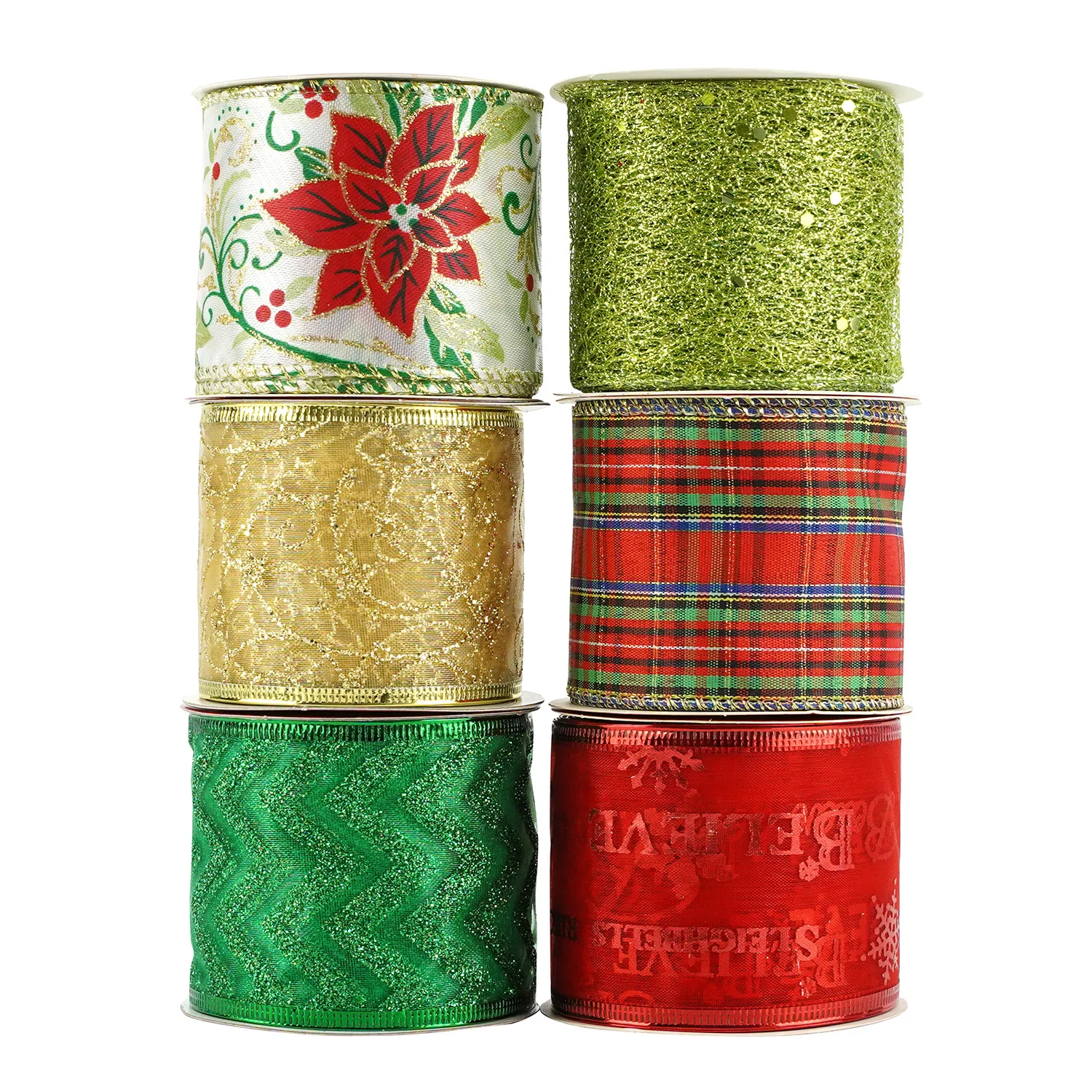Wholesale gold foil printed ribbon wired edged Christmas Xmas thin mesh organza ribbon roll packed roll for santa Christmas