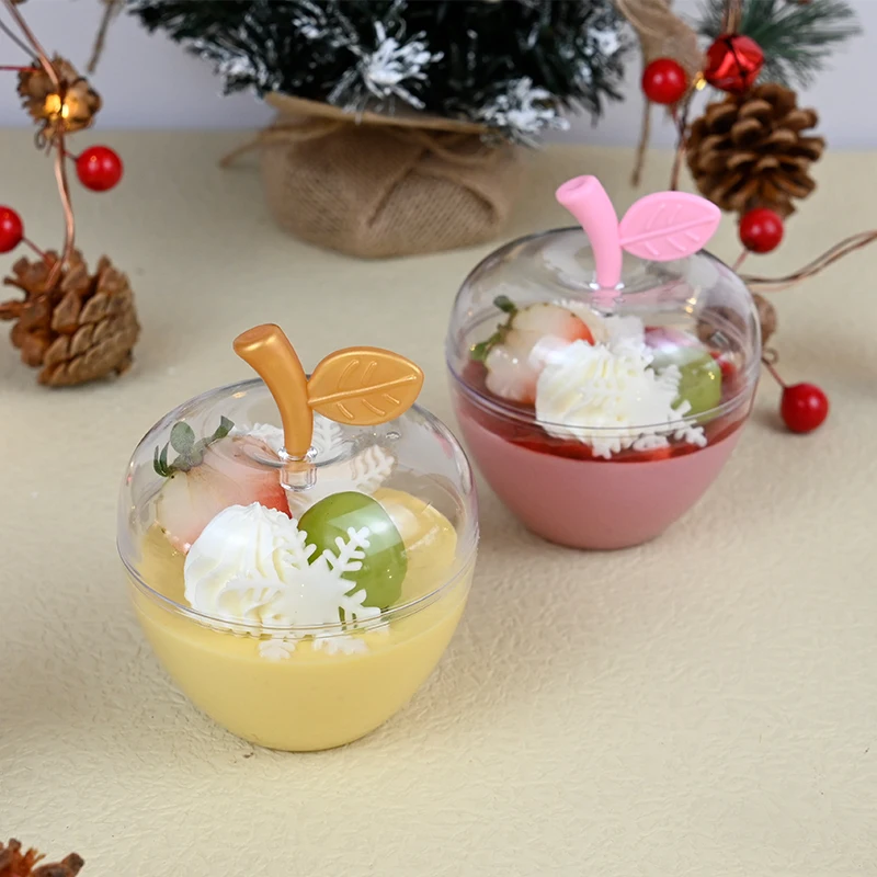 Apple shape dessert cup PS injection hard plastic dessert packaging Tiramisu container Plastic Dessert Box With Lid