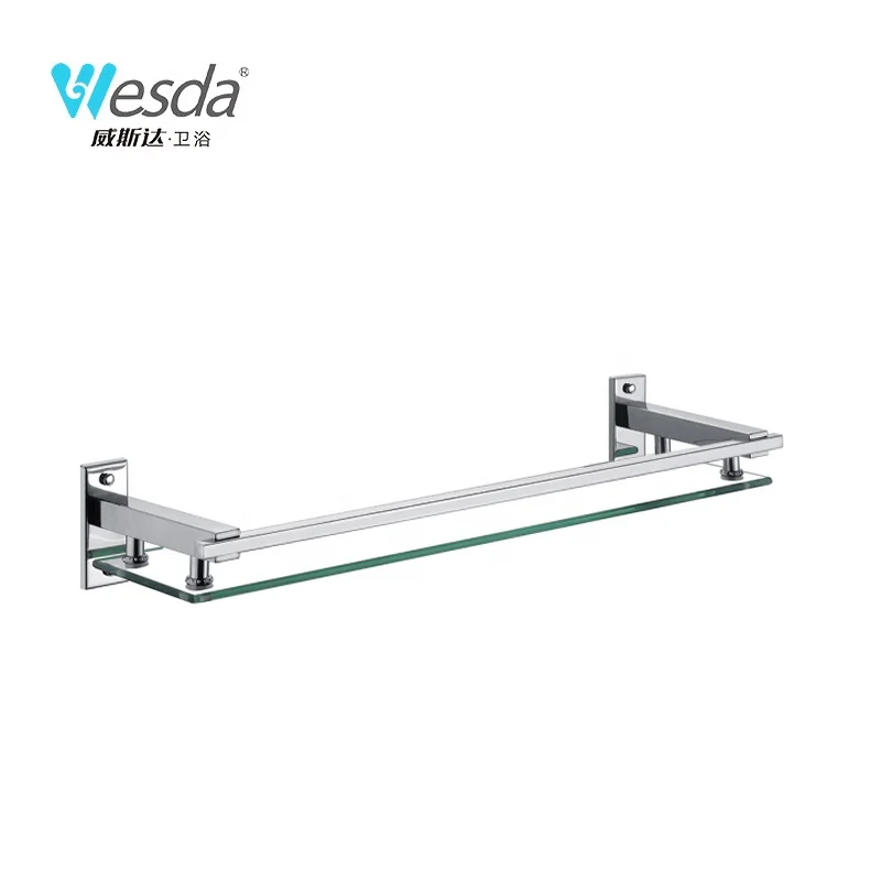 WESDA Salon Stainless Steel Brackets Wall Mount Tempered Glass Towel Rack Rectangular Floating Shelves Bathroom Glass Shelf