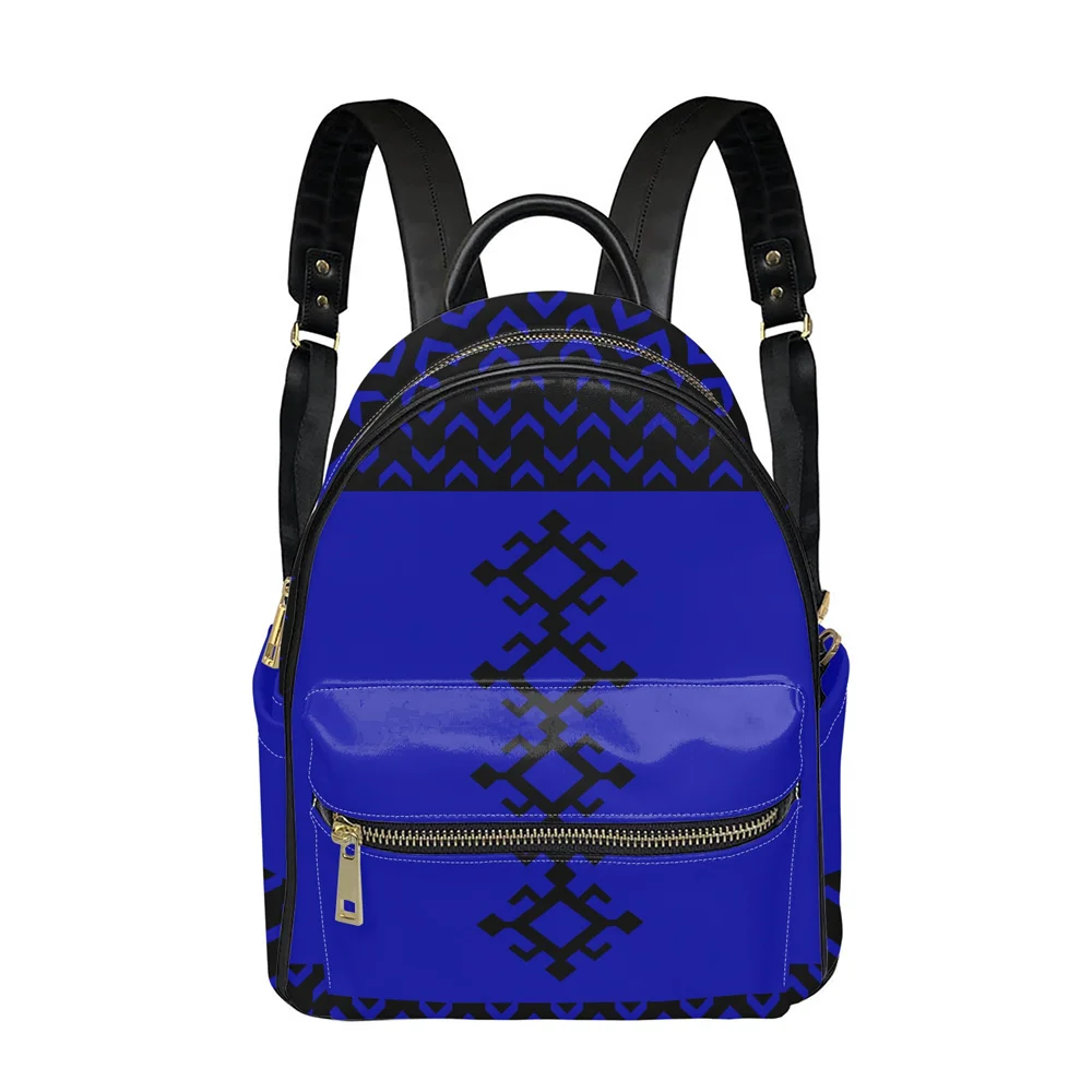 wholesale Custom Women Leather Shoulders Backpack Luxury Fashion Polynesian Tribal Classical Tattoos Print Casual Blue Backpack