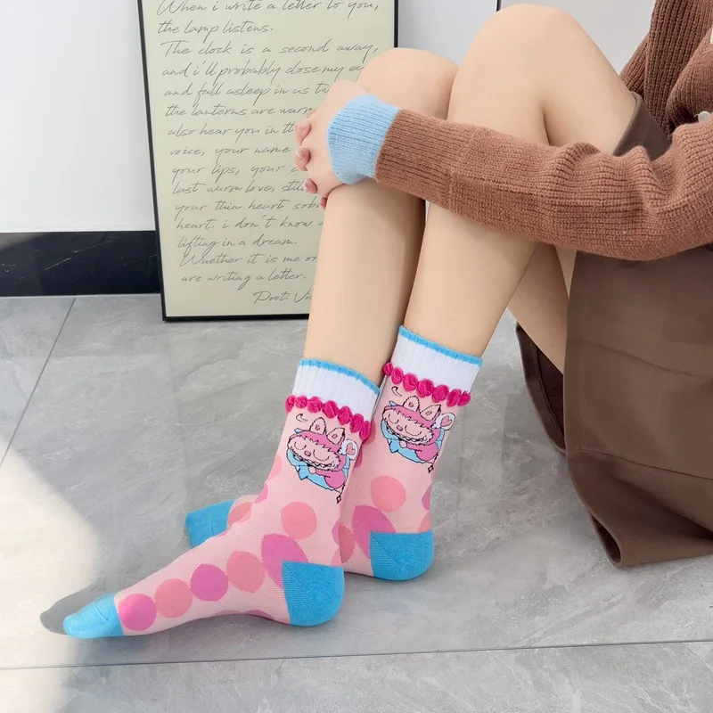 Japanese cartoon Bubble Mart Labubu girl combed cotton midtube stockings anime cartoon Labubu knit stockings
