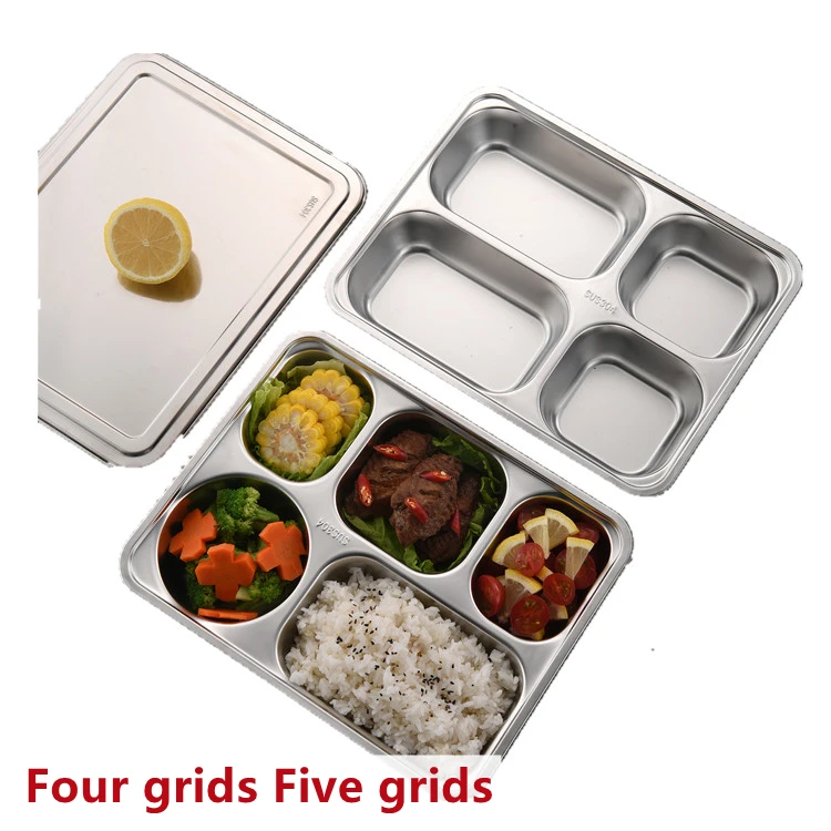
5 Compartment Fast Food Stainless Steel Lunch Box Rectangular Divided Dinner Plate Snack Serving Set Tray With Lids 