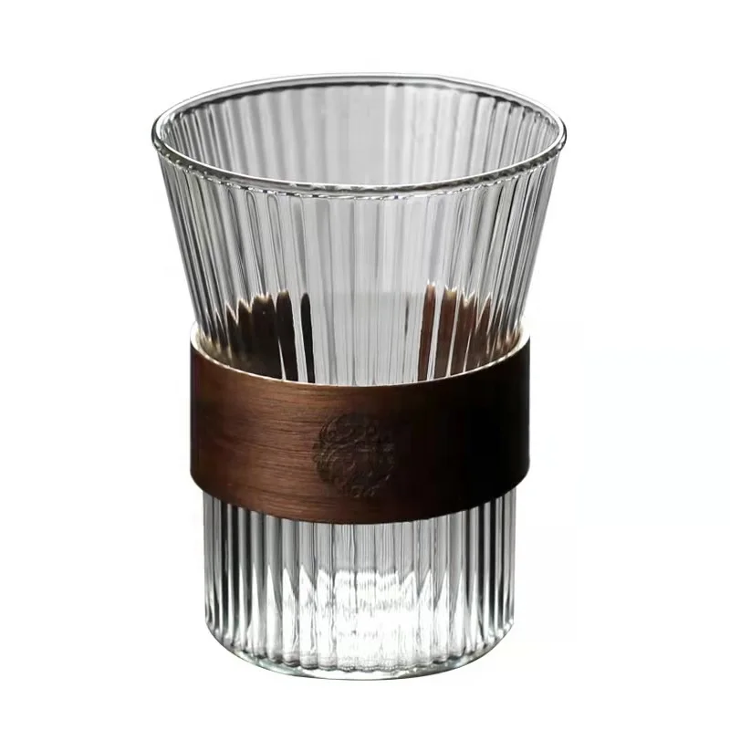 Newest Glass Tea Cup with Wood Set High borosilicate Glass Tea Cups with stripe Custom Logo