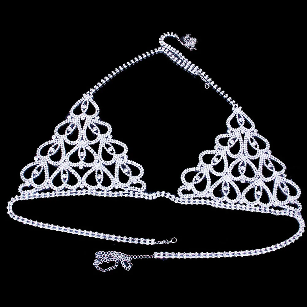 Manufactures China Women Sexy Bling Crystal Glitter Jeweled Diamond Body Chain Heart Bra Underwear Lingerie Set With Rhinestone