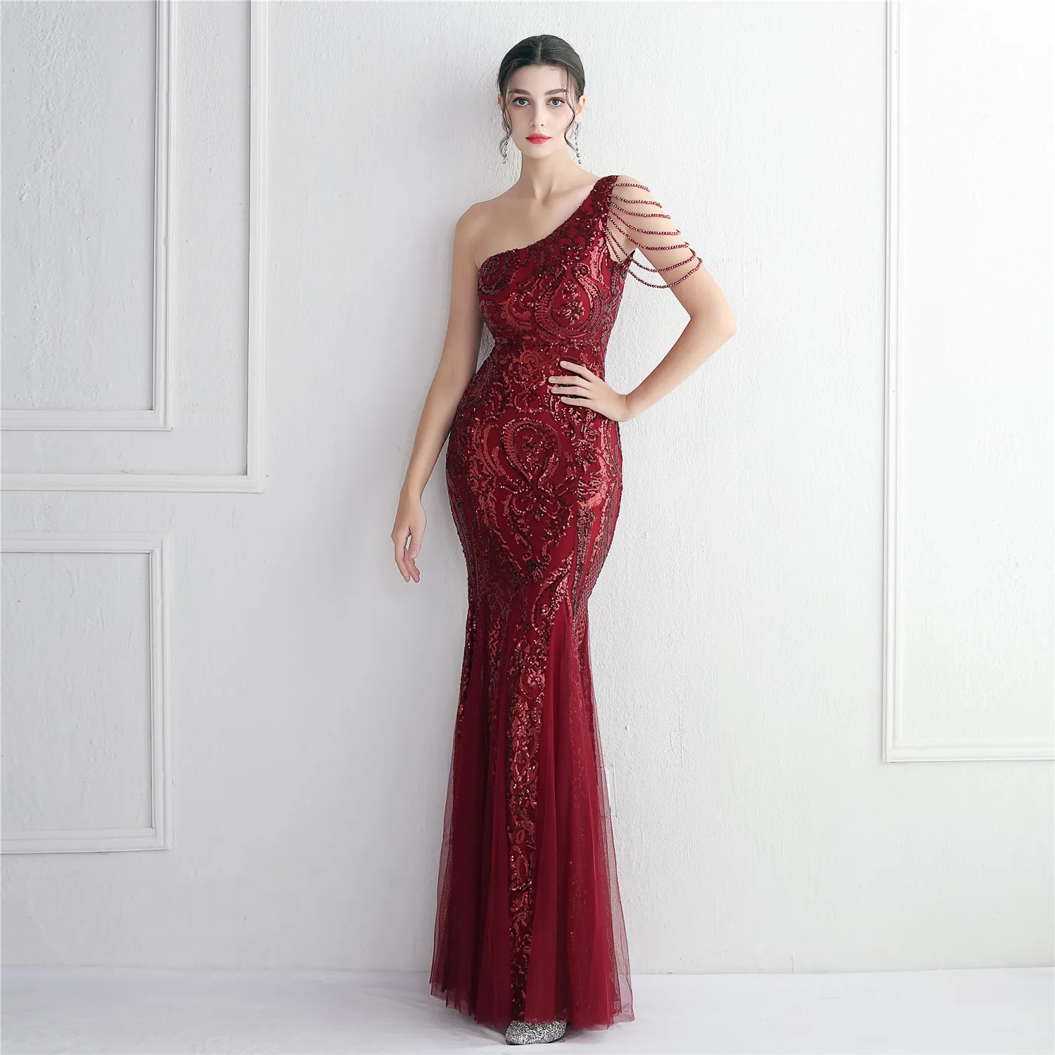 19620# Bead flake Gauze Craft bead setting One shoulder small V-neck crystal pearl chain Sequin sexy fish tail evening dress