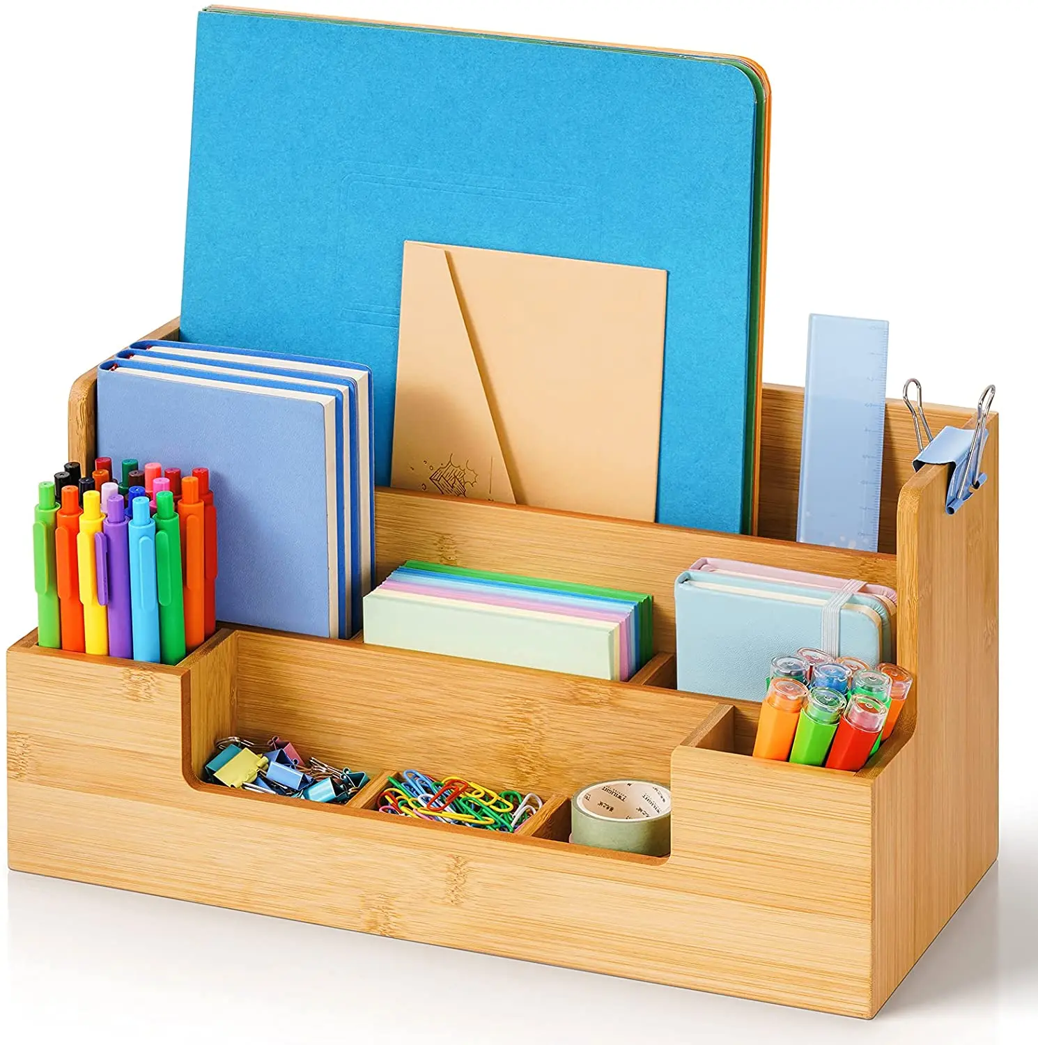 Bamboo Desk Organizer All-in-One Office Desk File Organizer With Pen Holder, 9 Compartment Organizer