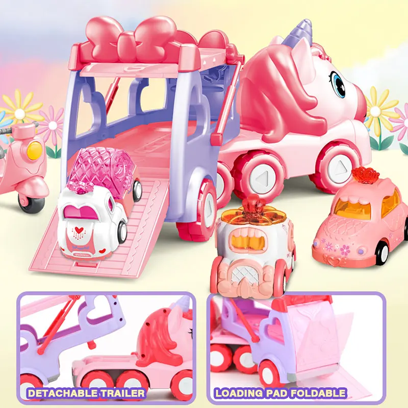 Girls Princess Gifts 5 In 1 Friction Cartoon Truck Unicorn Trailer Cars Motorcycle Transporter Carrier Vehicle Toys For Kids