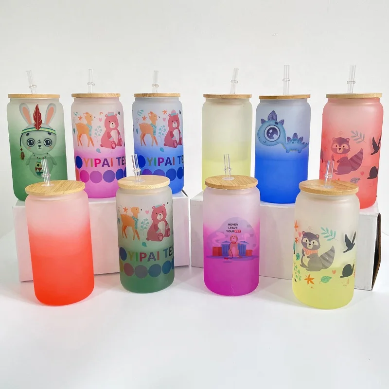Hot sale 16oz rainbow Gradient sublimation glass mug  custom logo frosted glass straw beer mug cola bottle mason jar
