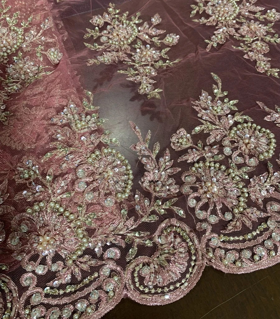 hot selling handmade heavy beaded sequin embroidery lace fabric for dress or bridal, wholesale stock fabric