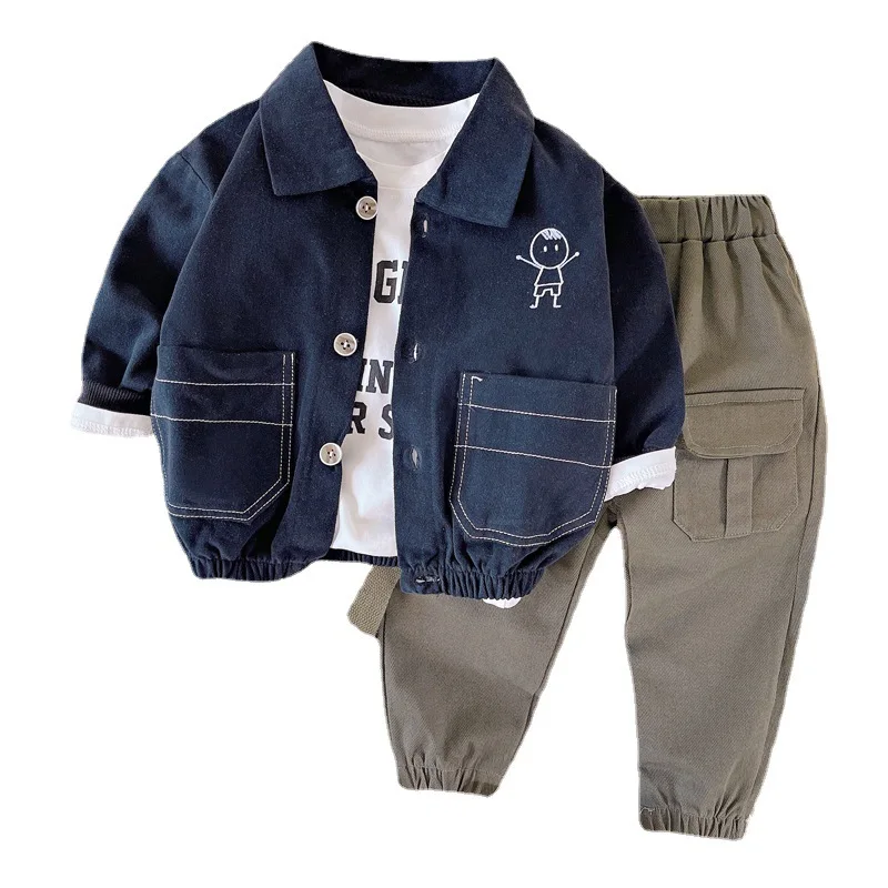 0-4 Years Baby Boys Cargo Jacket Sets Toddler Cute Solid Jackets And Pant 3 Pieces outfit For Spring And Autumn