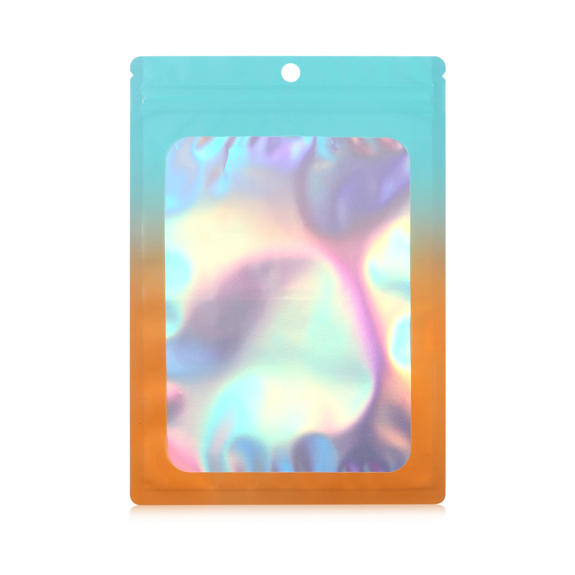 Stocked Resealable Laser Holographic Rainbow Smell Proof Aluminum Foil 3 Sides Seal Zipper Mylar Bag With Clear Window and Hole