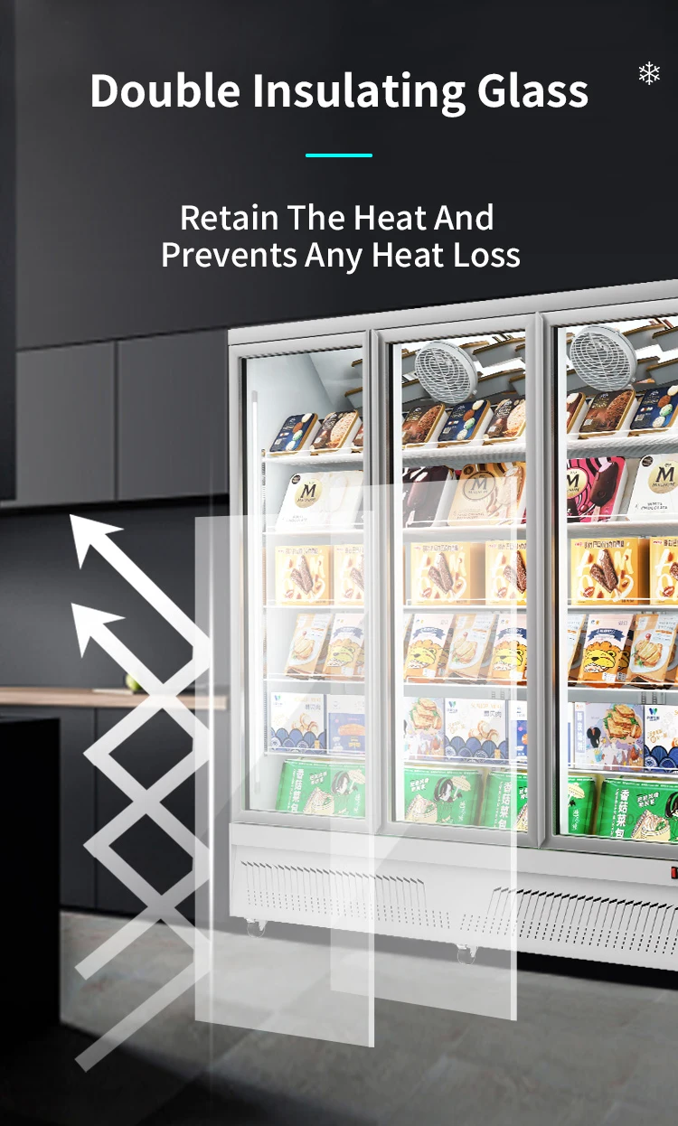 LD1880D Low Maintenance Fast Cooling Fridge Black White Color 1500L Three Door Display Freezer For Commercial Kitchens