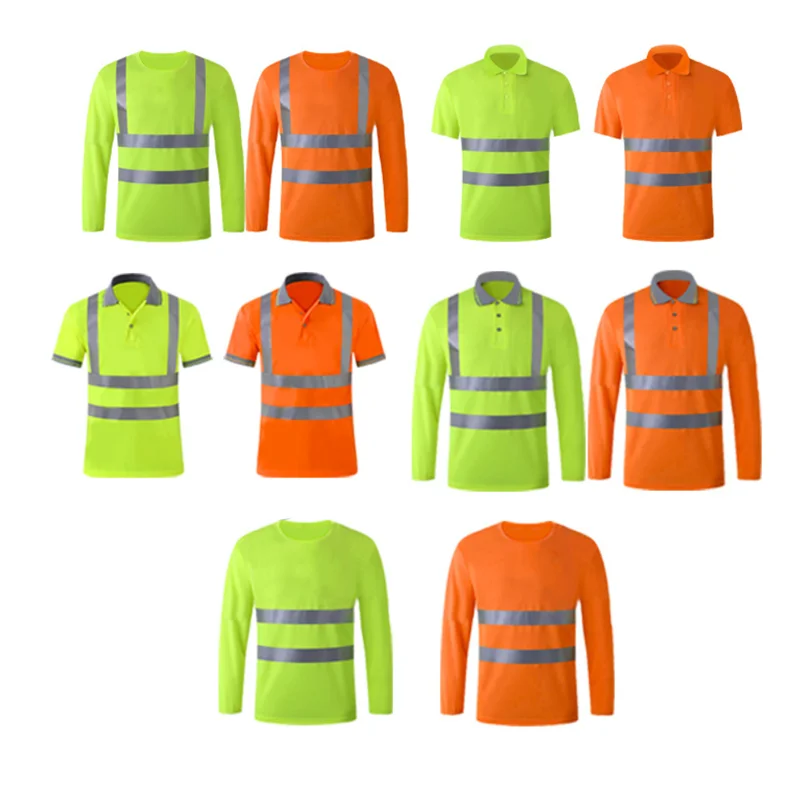 high visibility reflective stripe crew collar work safety T-Shirts construction engineer long sleeve hi-vis security polo shirts