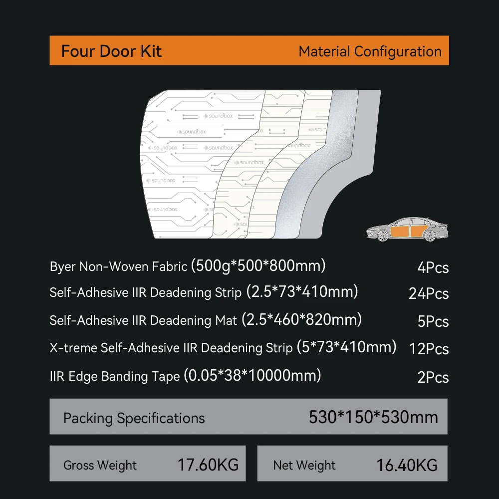 Soundbox Car Sound Deadening mat Butyl Automotive, Sound Deadener Noise Insulation and Vibration Dampening Material for 4-Door/