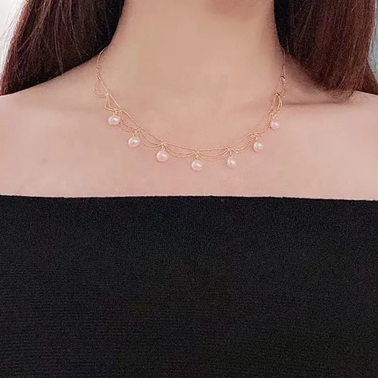  Haiyang 6-7mm Natural Freshwater Pearl Necklace for Women Lace Design Charm RomantiC Choker Fashion Jewelry