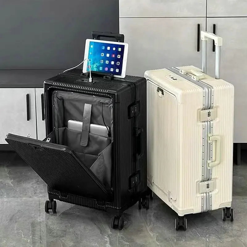 2023 New Front Opening Luggage Suitcase Piece Set Carry on Pc Spinner Trolley With Pocket Compartment