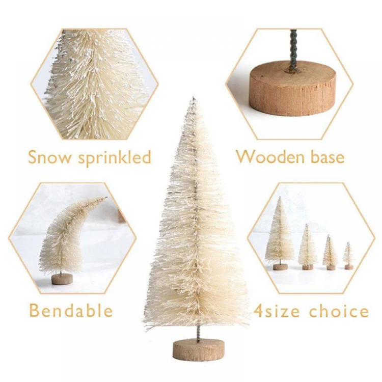 Handmade Winter Snow Ornaments Green Ivory Gold Mini Bottle Brush Christmas Tree Set