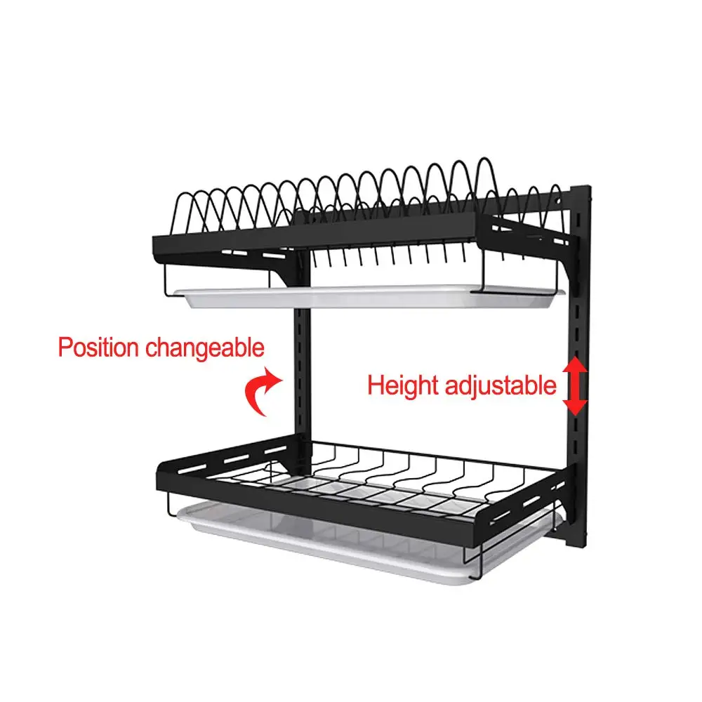 2 3 Tiers L Shape 201 Stainless Steel Kitchen Wall Mounted Dish Storage Rack With Detachable Drain Water Tray