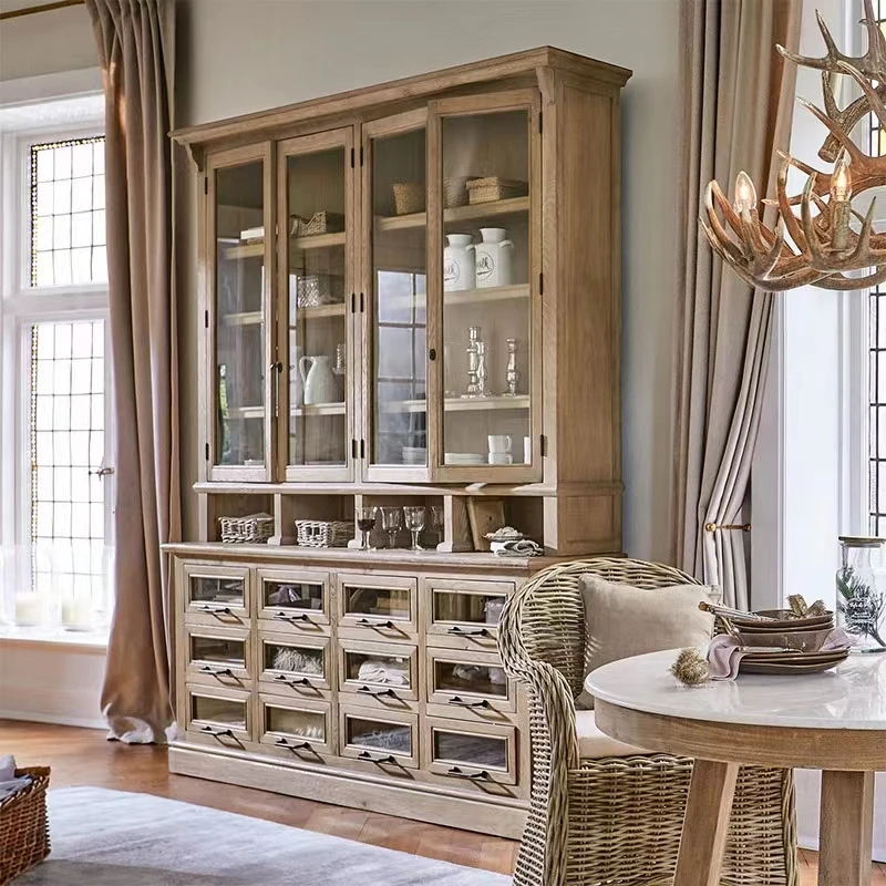 American country light luxury villa living room solid wood carved arched glass door wine cabinet