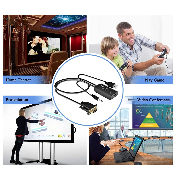 VGA to HDMI Cable, VGA to HDMI Adapter Cord Audio Connecting Old PC, Laptop a VGA Output to Monitor, HDTV HDMI Input