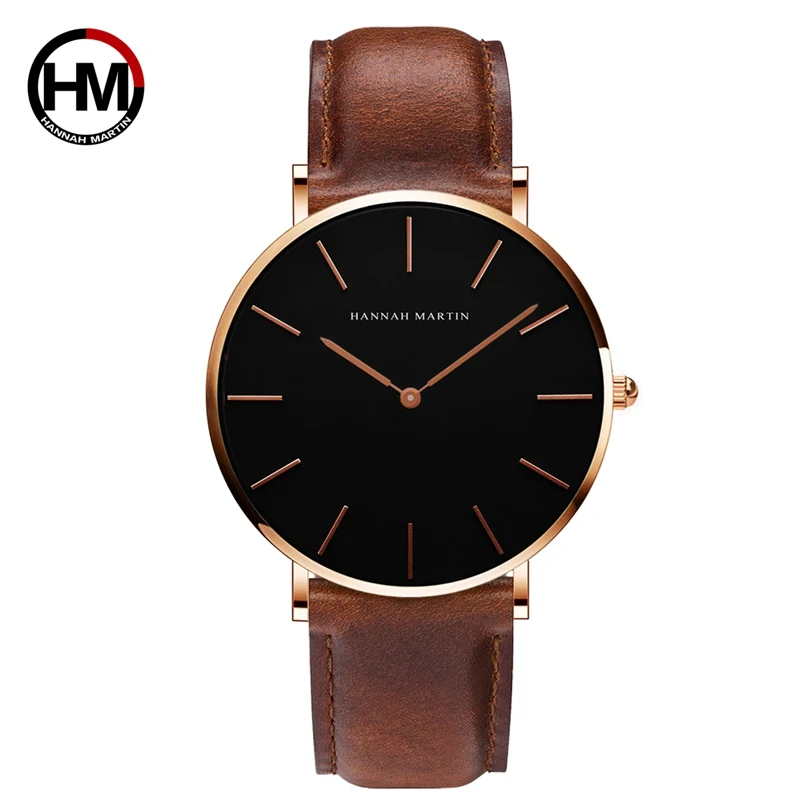 Hannah Martin Factory Private Label Leather Minimalist Watch Male Custom Logo Simple Waterproof Analog Quartz Watches for Men