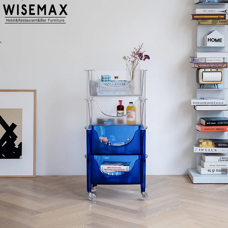 WISEMAX FURNITURE Modern Nordic Design Transparent Color Plastic Living Room Side Cabinet Kitchen Trolley Storage Shelf Cart