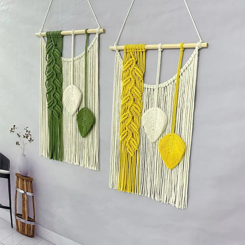 Macrame Leaf Wall Hanging Tapestry With Tassels Hand-Woven Nordic Style Nursery Aesthetic Home Decor Boho Art for Bedroom Decor