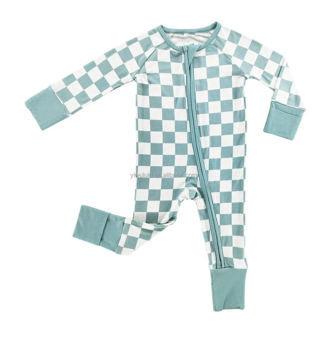 Green Checkered Bamboo Viscose Soft Baby Jumpsuit Pajamas Long Sleeves Newborn Sleepers Boy Girl Clothes OEM Baby Rompers