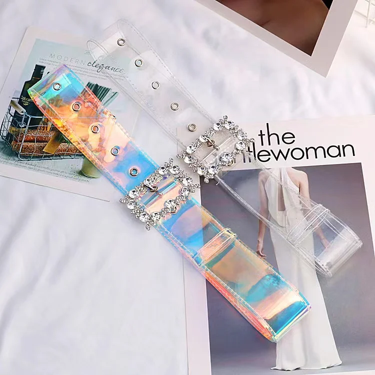 INS super fire flash diamond laser transparent wide belt with diamond buckle head fashion plastic belt
