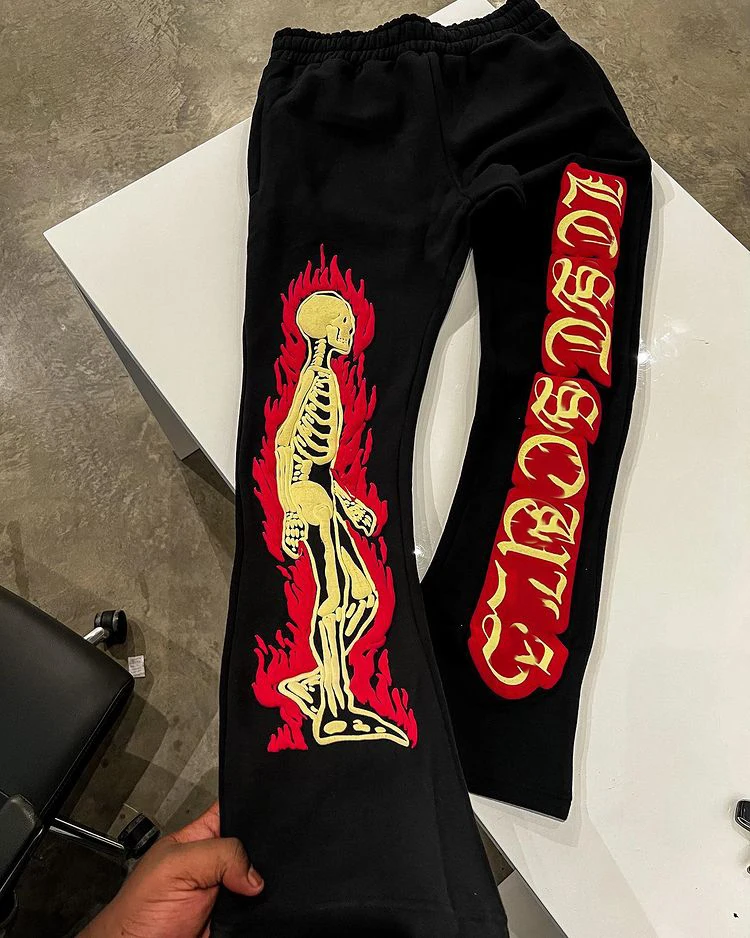 Streetwear Mens Trousers Casual Solid Jogger Sweatpants Custom Skeleton 3D Puff Print Fleece Stacked Flared Pants For Men