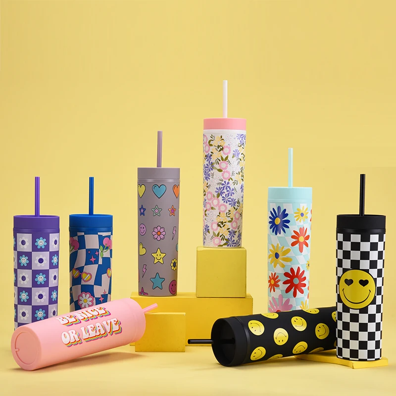 Fancy Cute Creative fashion Designed Pattern Double Wall Acrylic BPA-free Water Bottle Tumbler With Reusable Straw For Kids Home