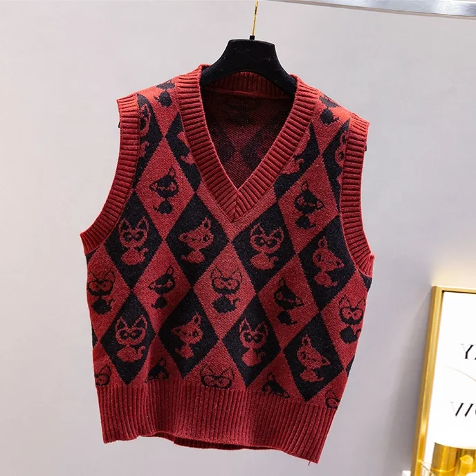 Japanese Womens Sleeveless Knit Sweater Vest Preppy Clothes Y2k Cat Pattern Knitwear Korean Girls Crop Tops School Uniform