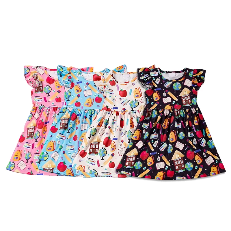 Organic bamboo kids dresses for girls ruffle sleeve 6-year old girl dress custom print dress kids jersey children clothes